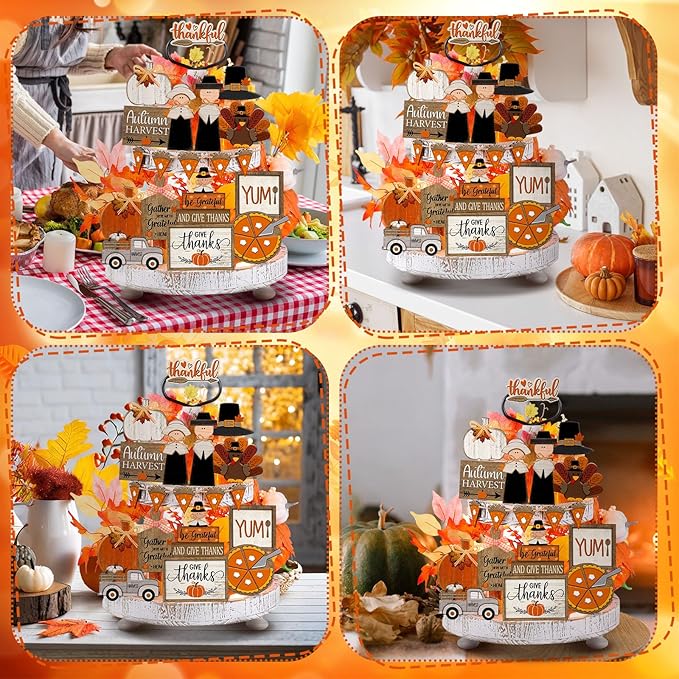 21 Pcs Fall Tiered Tray Decoration Set Thanksgiving Table Sign Pumpkins Farmhouse Decor Gnome Maple Leaves Centerpieces Harvest Wood Blocks Signs Fall Block Tabletop for Autumn(Fresh)