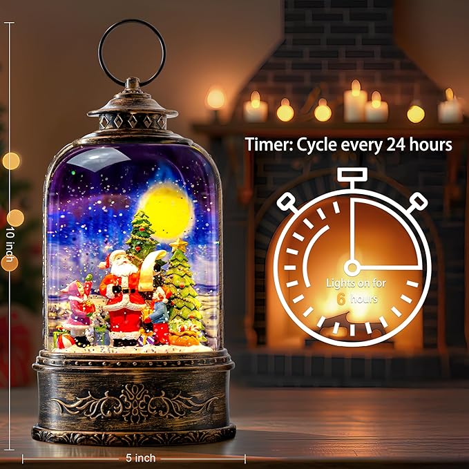10.3" Christmas Snow Globe Water Lantern with Santa's List Scene Battery Operated or USB Powered Musical Lighted Holiday Decoration for Tabletop Display for Family and Friends