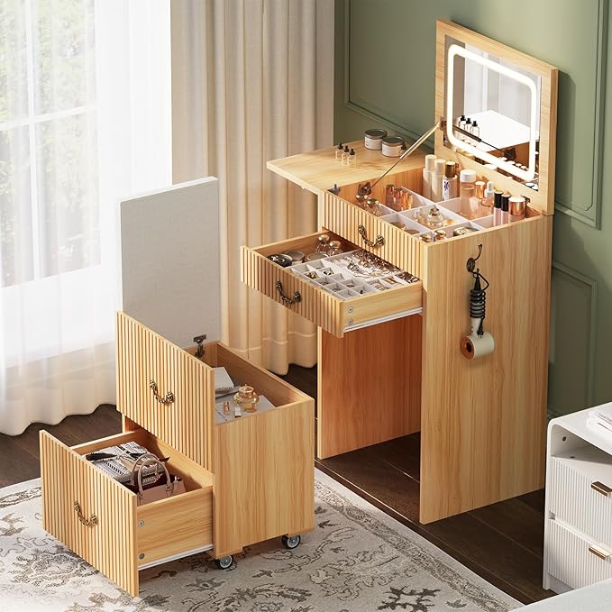 FURSUN 3-in-1 Vanity with Flip Mirror & Lights, Fluted Compact Vanity Table with 3 Drawers, Storage Compartment and Rolling Stool, Modern Small Makeup Vanity for Bedroom, Powder Room, Natural Oak