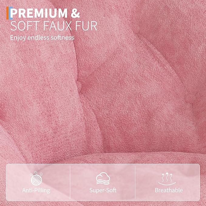 Saucer Chair with Faux Fur Cover, Large Foldable Moon Chair for Adults & Teens, Cozy Circle Accent Chair for Bedroom, Living Room, Dorm, Playroom, Soft Folding Gaming Chair for Small Spaces, Pink