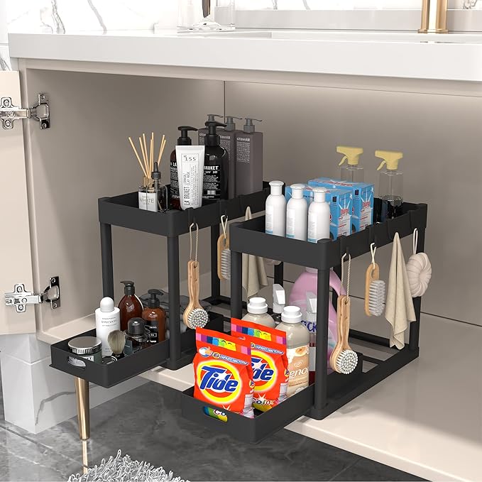 2PC Under Sink Organizer Rack 2 Tier Under Sliding Cabinet Basket Organizer Drawer with 4 Hooks, Multi-purpose Under Sink Storage for Bathroom Kitchen Desktop(Black)