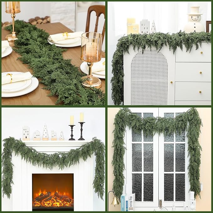 Jutom 1 PCS 9 ft Christmas Cedar Garland - Artificial Realistic Holiday Cedar Pine Needles Greenery Garland Decoration for Mantel Table Winter Party