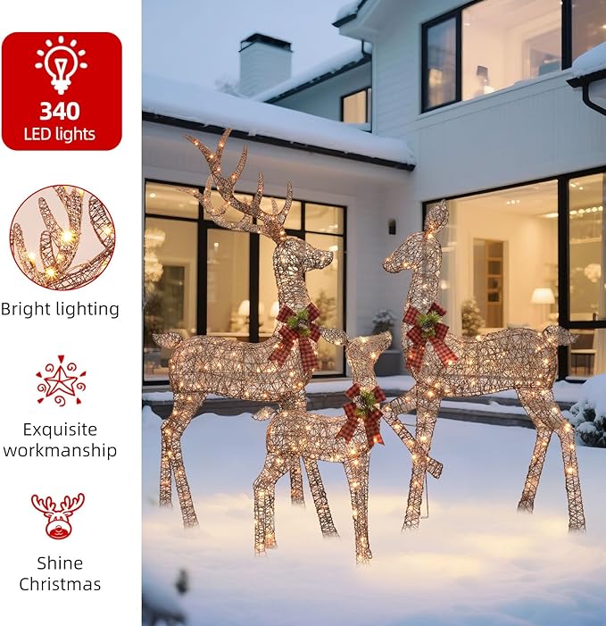 HOYECHI 6.5 FT Oversized Christmas Decorations Outdoor Lighted Reindeer β 3-Piece 3D Deer Family Set with 340 Warm White LED Lights for Yard, Lawn, Garden & Porch Holiday Display - Rattan