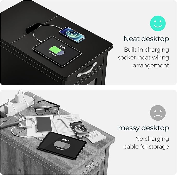 LINSY HOME End Table Set of 2 with Charging Station, Modern Farmhouse Side Table with Drawer, Wooden Narrow Bedside Table for Living Room, Slim Nightstand with Storage Cabinet, Black, Glass Door