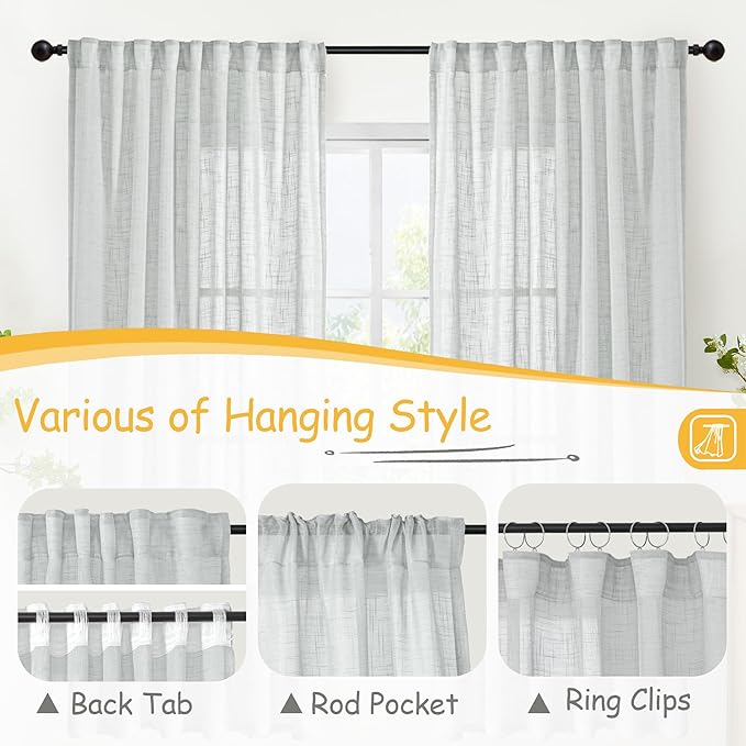 YoungsTex Light Grey Linen Curtains 72 Inch Length for Living Room, Semi Sheer Window Drapes Textured Light Filtering with Rod Pocket Back Tab for Bedroom, 2 Panels, 52 X 72 Inch