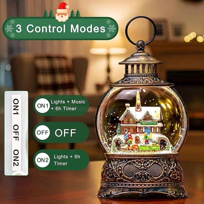 9.8" Christmas Snow Globe Water Lantern with Train Station Scene Battery Operated or USB Powered Musical Lighted Holiday Decoration for Tabletop Display for Family and Friends