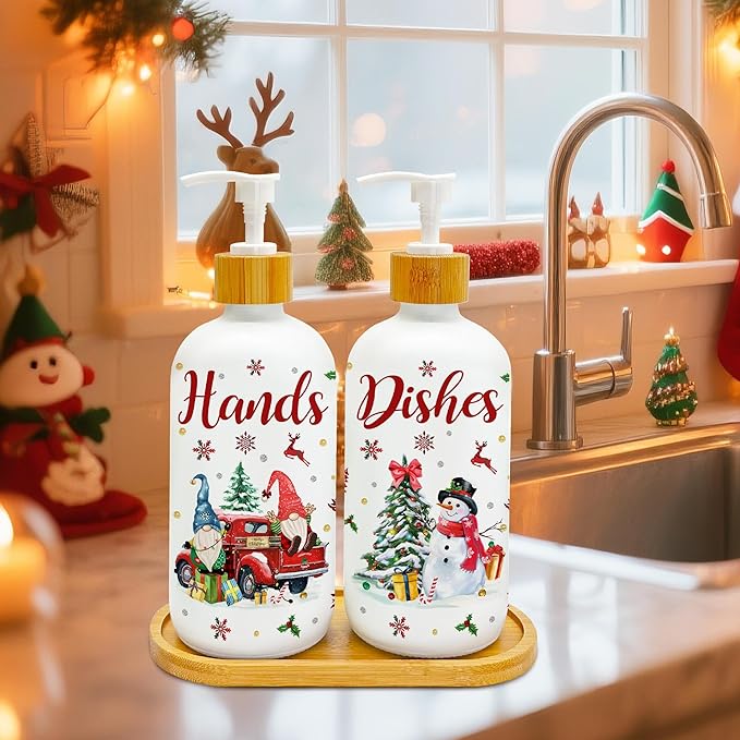 Hexagram Christmas Soap Dispenser Set of 2, Christmas Kitchen Decor, Xmas Gnome Snowman Glass Soap Dispenser for Home Indoor Decorations, Xmas Refillable Lotion Essential Oil Dispensers with Pump