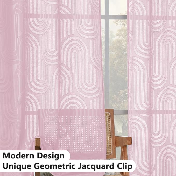 Simplebrand Blush Pink Geometric Mid Century Jacquard Clip Textured Sheer Curtains, 42W x 45L Inches, 2 Panels, Light Filtering, Rod Pocket, Modern Minimalist Style, Bedroom, Living Room