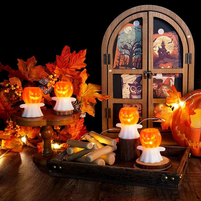 Homemory Real Wax Pumpkin Ghost Lamp, 4 Pcs Flickering Flameless Candles with 6hrs Timer, Spooky Halloween Pumpkin Candles, LED Battery Operated Lights for Home Halloween Decor, Theme Party