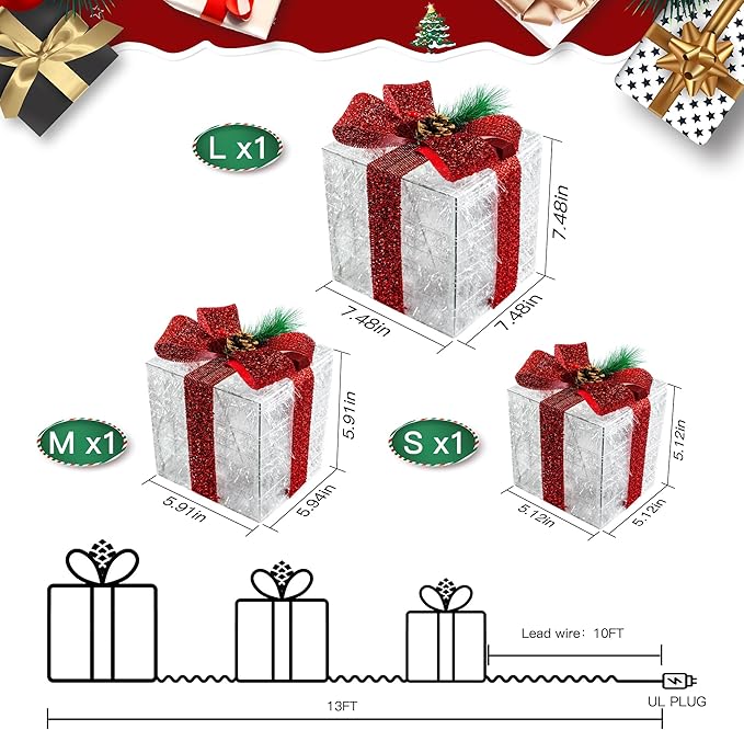 Christmas Decorations Set of 3 Christmas Lighted Gift Boxes, Pre-lit 60 LED Warm White Lights, Ornament Present Boxes Lights for Holiday, Indoor, Yard, Home, Lawn Decor (Red Bows)