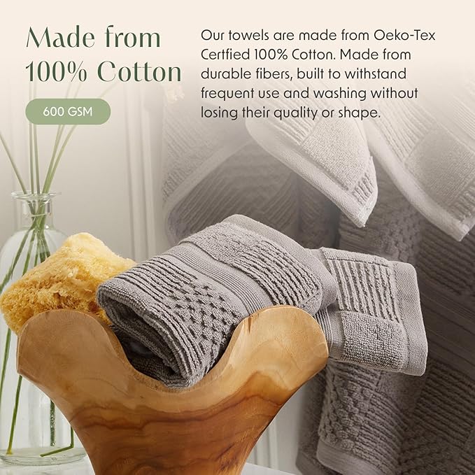 Springtree Home 100% Cotton Bath Towel Set of 4 | Grey Towels | Geometric Textured Design | Absorbent & Quick-Dry | 4 Bath Towels | Oeko-TEX® Standard 100 Cotton | Myla Collection - Frost Grey