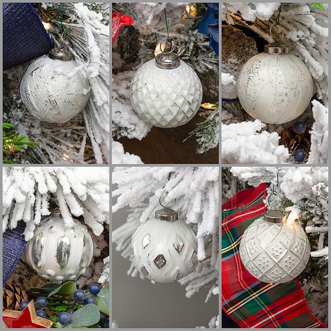 AuldHome Design Farmhouse Ball Ornaments (Set of 6, White); Distressed Metal Glass Ball Vintage Style Christmas Decorations