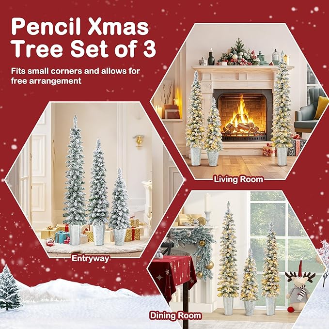 GOFLAME Set of 3 Pre-Lit Potted Christmas Trees, Snow Flocked Pencil Christmas Tree Set 3Ft, 4Ft and 5Ft with Warm White LED Lights, 8 Lighting Modes, Timer, Holiday Decoration Tree for Home Party