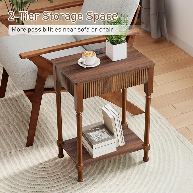 23.6” Large End Table with Charging Station, Modern Farmhouse Side Table Sofa Tables with Fluted Drawer, Wooden Bedside Table Night Stand for Bedroom Living Room Home Office, Walnut