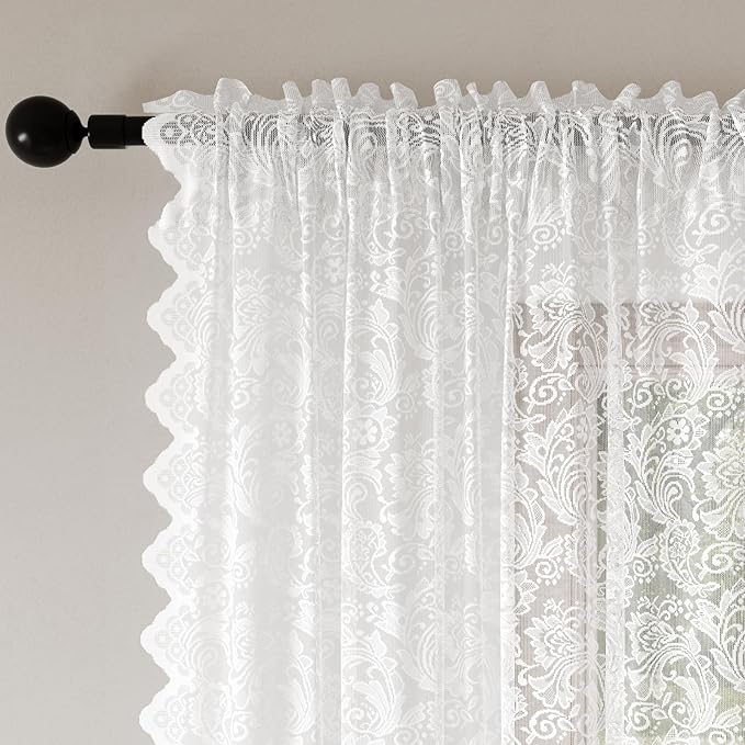 96-Inch Pure White Lace Sheer Curtains – Vintage Floral Lace for Bedroom/Living Room, Light Filtering Rod Pocket Drapes, Privacy Chic Window Treatments, 52W x 96L Inch, 2-Panel Set