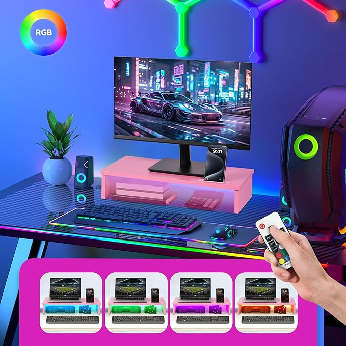 21" Monitor Stand Riser with LED Lights and Phone Holder, Monitor Stand for Desk, Computer Monitor Stand, Desk Shelf for Top of Desk, Desktop Organizer for Laptop, Printer, TV