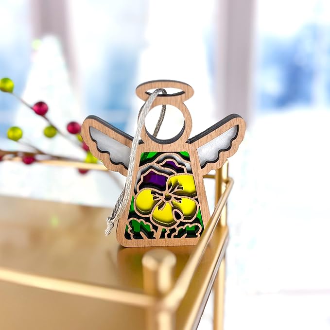 Pansies Gifts for Women - Pansy Christmas Ornament - Yellow Purple Flower Suncatcher - Memorial Angel Figurine - 3.5" (H)