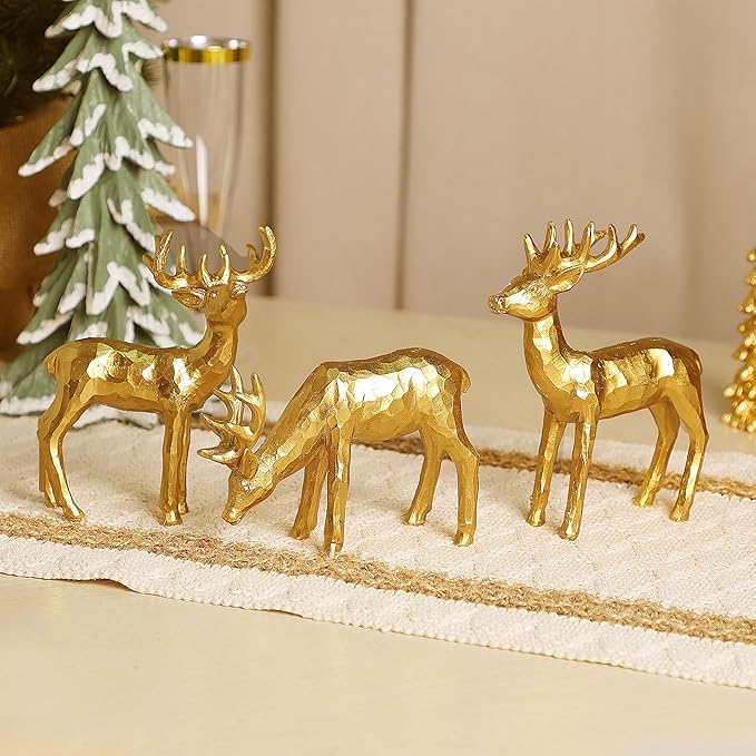 Lulu Home 3 PCS Christmas Tabletop Decorations, Resin Golden Reindeer Family Figurines with Diverse Postures, Xmas Holiday Winter Centerpieces Ornaments for Mantel Shelf Sill Home Office Decor
