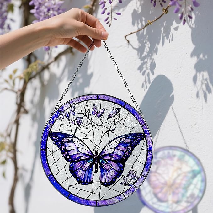 Stained Glass Window Hanging, 8 Inch Purple Butterfly Stained Glass Suncatcher, Butterfly Light Catcher, Window Hanging Decor, Gifts for Mother's Day, Christmas, Birthday, Gifts for Women Mom Grandma
