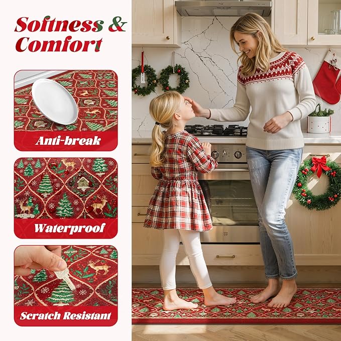 Collive Christmas Tree Kitchen Floor Mats, Cushioned Anti Fatigue Kitchen Rugs 2 Piece Morocco Xmas Elk Sink Mat Waterproof, Non Slip Comfort Standing Rug for Home Decorations 17"x30"+17"x47"