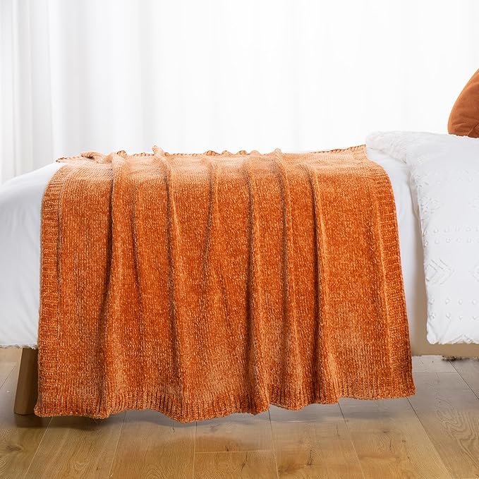 BATTILO HOME Orange Chenille Throw Blanket for Fall Decor, Fall Knit Throw Blankets, Soft Cozy Pumpkin Color Throw Blankets for All Seasons, 51"x67"