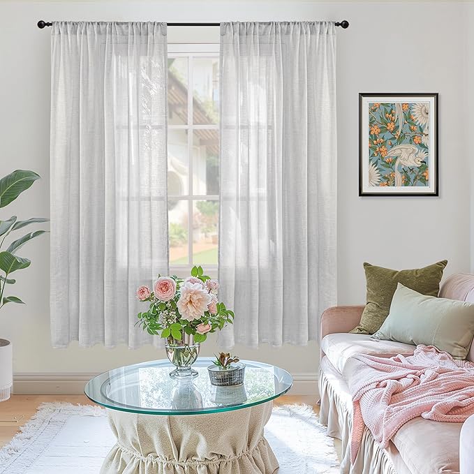 BGment Light Grey Linen Curtains 63 Inches Long for Bedroom Windows, Sheer Drapes Lightweight Rustic Country Textured for Farmhouse Living Room Decor Rod Pocket, 2 Panels Set, Each 42 Inch Wide