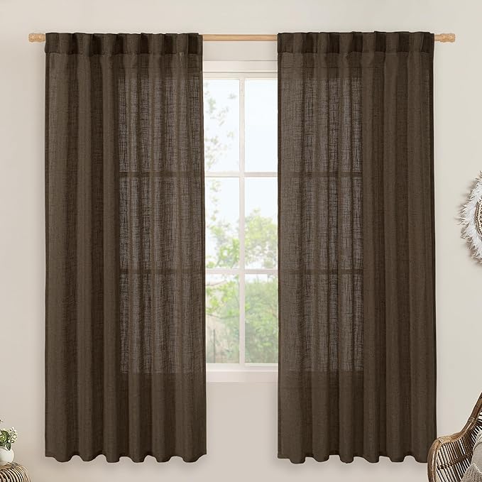 LAMIT Dark Brown 72 inch Linen Curtains for Living Room 2 Panels, Linen Textured Light Filtering Semi Sheer Back Tab and Rod Pocket Farmhouse Curtain Panels for Bedroom/Farmhouse, 52 x 72 Inch