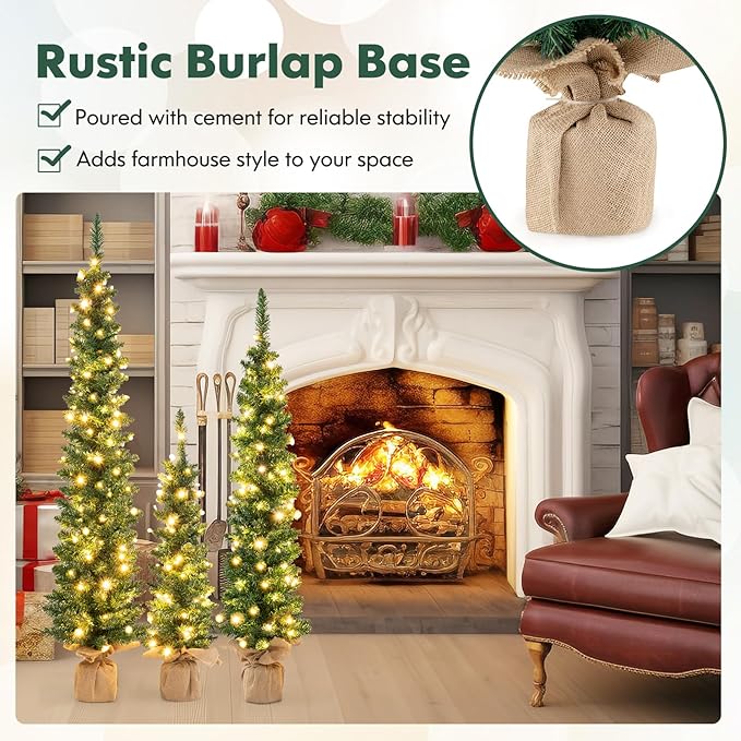 GOFLAME Set of 3 Pre-Lit Christmas Trees, Pencil Artificial Christmas Trees 3Ft, 4Ft and 5Ft with Warm White LED Lights, Burlap Base, Seasonal Holiday Decoration Tree for Home Party
