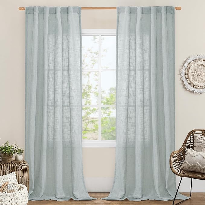 LAMIT Greyish Blue Linen Boho Curtains 84 inch Length 2 Panels, Light Filtering Semi Sheer Panels Back Tab and Rod Pocket Neutral Drapes for Bedroom/Living Room, 34 x 84 Inch