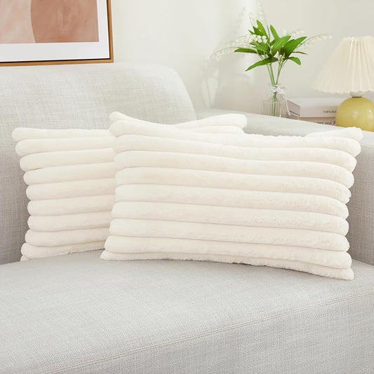 decorUhome Faux Fur Christmas Throw Pillow Covers 12x20 Set of 2, Decorative Soft Plush Striped Neutral Couch Euro Pillow Covers with Velvet Back for Sofa, Bed, Living Room Home Decor, Cream White