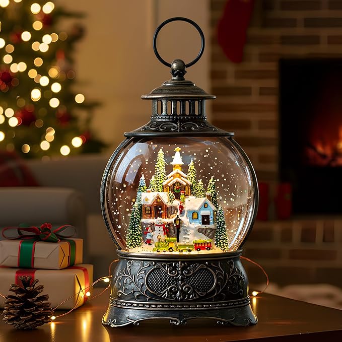 9.8" Christmas Snow Globe Water Lantern with Mountain Village and Train Scene Battery Operated or USB Powered Musical Lighted Holiday Decoration for Tabletop Display for Family and Friend