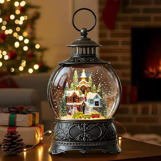 9.8" Christmas Snow Globe Water Lantern with Mountain Village and Train Scene Battery Operated or USB Powered Musical Lighted Holiday Decoration for Tabletop Display for Family and Friend