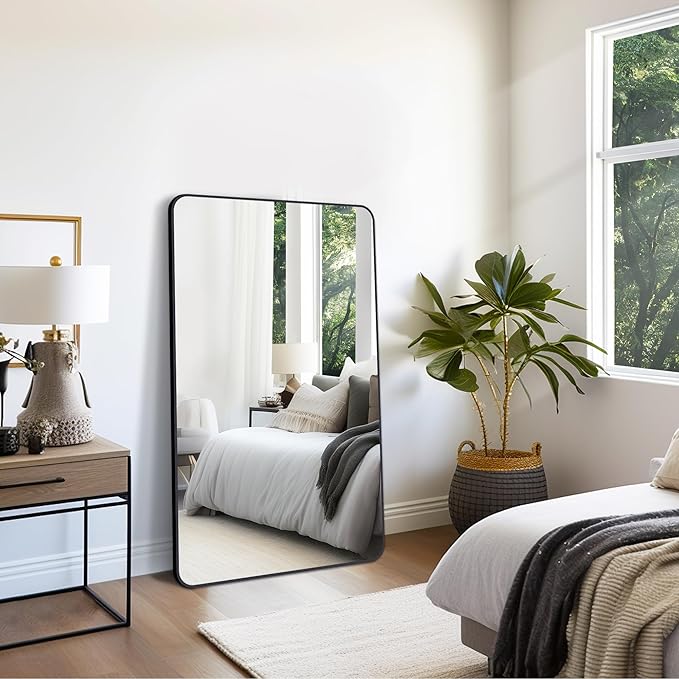 FORBATH Large Bathroom Mirror 36 x 55 Inches,Black Large Wall Mirror Aluminum Frame Wall Mounted Rounded Corner Morndern Mirror for Bathroom Bedroom Entryway Living Room