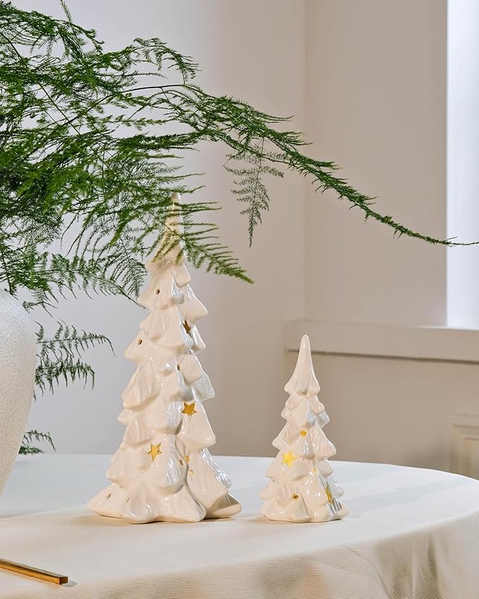 DN DECONATION White Ceramic Christmas Trees that Light Up, 2Pcs Porcelain Christmas Tree with Lights, Stars and Dots Cutout Prelit Tabletop Xmas Tree Figurines for Mantle Neutral Christmas Decor, Gift