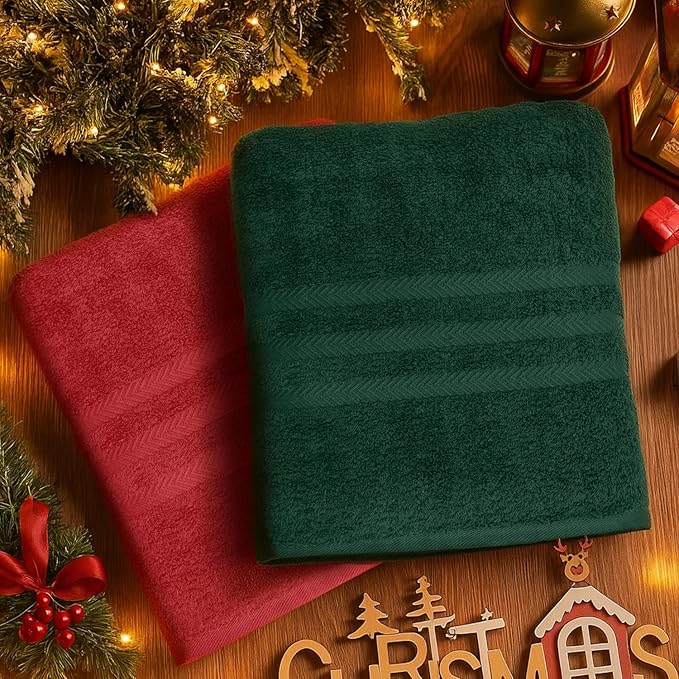 DAN RIVER Pack of 2 Christmas Bath Sheets, 35x70 Inches Extra Large Luxury Cotton Towels, Quick Dry Festive Red & Green Holiday Combo