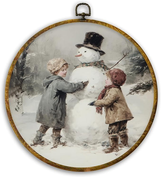 CUANFDDSF Vintage Christmas Snowman Round Wall Art, Rustic Winter Kids Snowman Framed Hanging Wall Decor, Cozy Winter Canvas Prints Decorations for Gallery Home Bedroom Living Room, 10x10 Inch