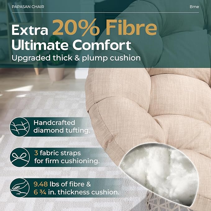 Bme 40" Ergonomic Wicker Papasan Chair with Soft Thick Density Fabric Cushion, High Capacity Steel Frame, 360 Degree Swivel for Living, Bedroom, Reading Room, Lounge