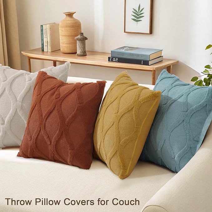 decorUhome Set of 4 Throw Pillow Covers 16x16 Inch, Neutral Decorative Soft Plush Faux Wool Couch Pillow Covers, Farmhouse Pillow Cases for Living Room Bed Sofa (Beige/Rust)