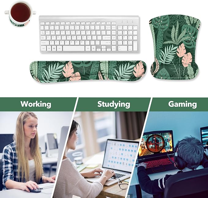 AIMSA Wrist Rest Support Mouse Pad Ergonomic, Memory Foam Keyboard Wrist Rest Set Non-Slip Easy Typing and Relieve Wrist Pain Mouse Mat for Computer Office - Pink Green Leaves