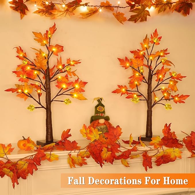 Fall Decorations for Home, 2 Pack 24''/2FT Prelit Fall Maple Tree Thanksgiving Decor Total 48 LED Timer Battery Operated Lighted Pumpkins Acorn Maple Autumn Thanksgiving Indoor Home Table Christmas