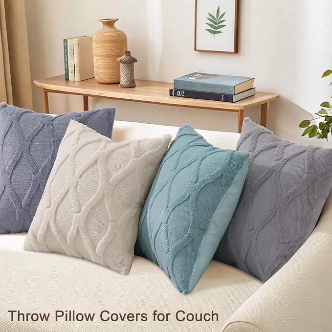 decorUhome Set of 4 Throw Pillow Covers 16x16 Inch, Neutral Decorative Soft Plush Faux Wool Couch Pillow Covers, Farmhouse Pillow Cases for Living Room Bed Sofa (Beige/Grey)
