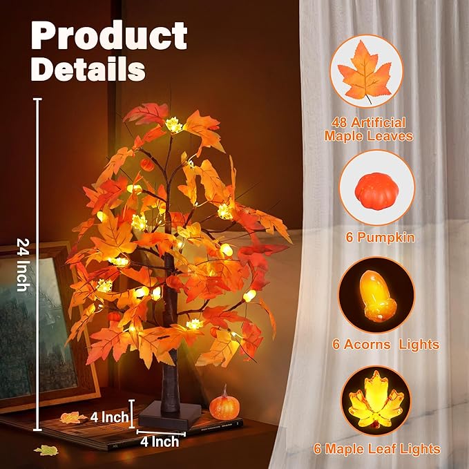 2 Pack 24 Inch Fall Maple Tree with 48LED Battery Operated Lighted Tabletop Artificial Tree with Pumpkin Acorn Maple Fall Centerpieces Indoor Fall Decorations for Home Thanksgiving Table Decorations
