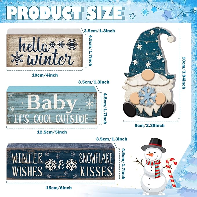 4 Pcs Wooden Winter Table Decorations Christmas Tiered Tray Decor Winter Gnome Decor Christmas Centerpiece for Tables Wooden Decorative Gnome Signs Gifts for Kitchen Office Home