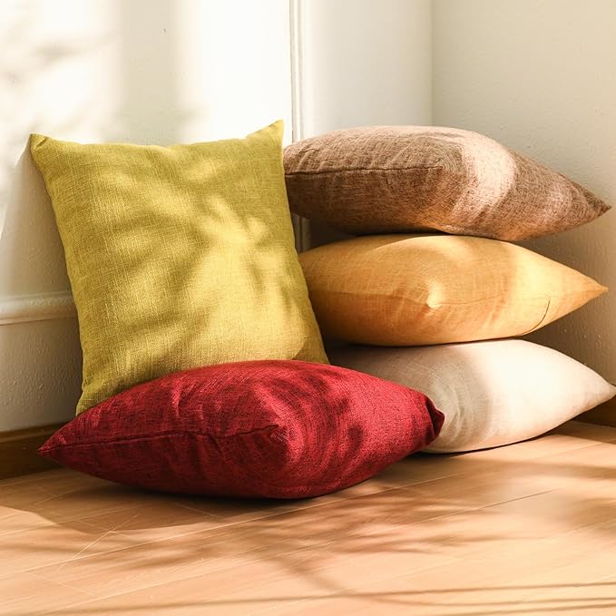 JIUZHEN 18x18 Inch Green Faux Linen Pillow Covers Set of 2, Farmhouse Rustic Decorative Cushion Covers for Sofa Bed, Soft Breathable Washable Zippered Pillowcase