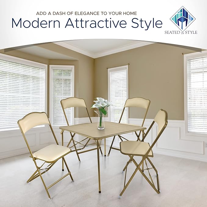 Folding Chairs with Padded Seats 4 Pack - Foldable Chair with Heavy-Duty Steel Frame, Elegant Bridge Chairs for Outside, Home, Office, Indoor & Outdoor Events - Gold/Almond