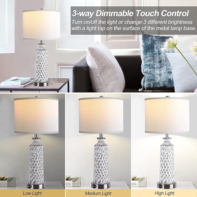 QiMH Table Lamp for Living Room,Bedside Lamps for Bedroom Set of 2 with USB A+C Ports,3-Way Dimmable Touch Control, Modern Coastal White Grey Resin Nightstand Lamp, Included 2700K LED Bulbs