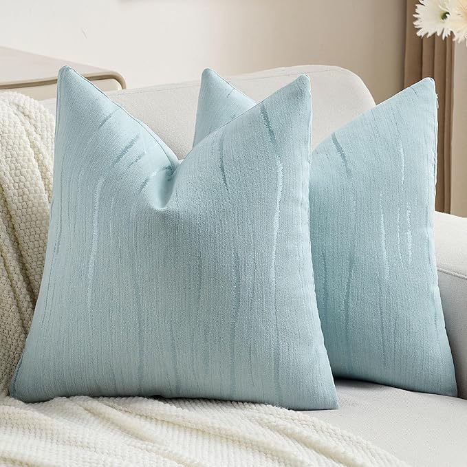 FUTEI Light Blue Chenille Decorative Throw Pillow Covers 24x24 Inch Set of 2,Soft Embossed Striped Textured European Cushion Case,Modern Home Decor for Couch Bed Living Room