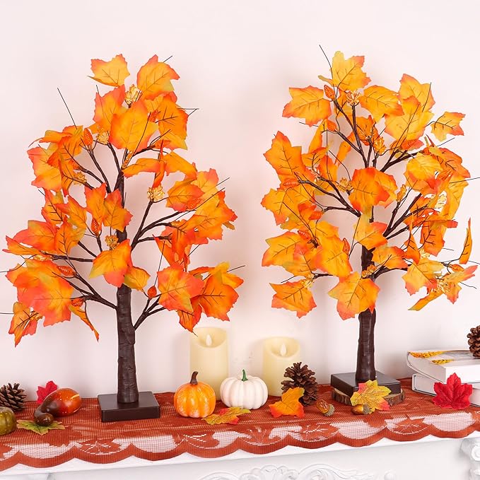 2 Pack 24 Inch Artificial Lighted Maple Tree with 48 LEDs Timer Fall Thanksgiving Decorations Battery Operated Prelit Maple Tree Table Lights for Thanksgiving Decor Home Indoor Autumn Harvest