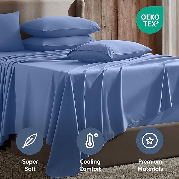 Nestl Extra Deep King Sheet Set - 6 Piece Breathable & Cooling Sheets - Hotel Luxury Bedding Set w/18-24 Inch Deep Pockets - Easy & Secure Fit - Super Soft, Wrinkle Free & Comfy - Calm Blue