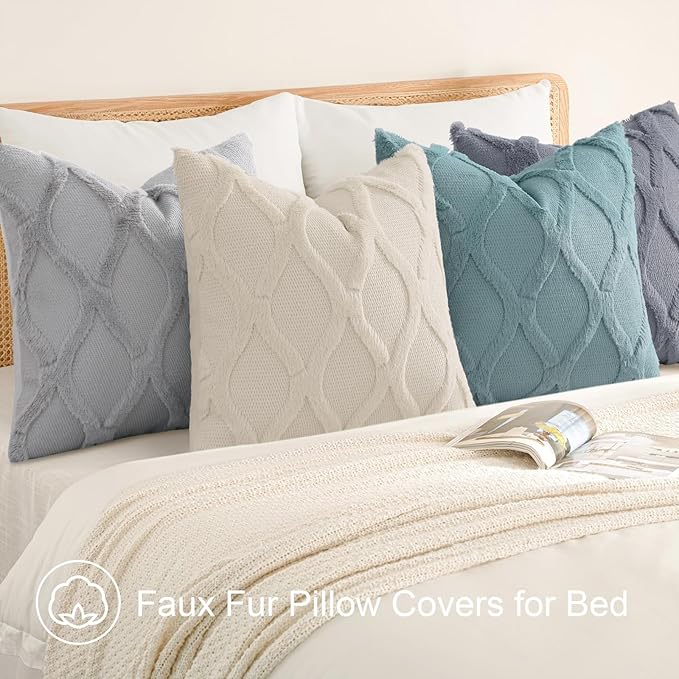 decorUhome Set of 4 Throw Pillow Covers 16x16 Inch, Neutral Decorative Soft Plush Faux Wool Couch Pillow Covers, Farmhouse Pillow Cases for Living Room Bed Sofa (Beige/Grey)